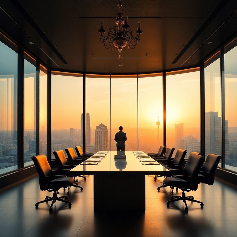 Executive reviewing strategy documents in a modern boardroom at golden hour