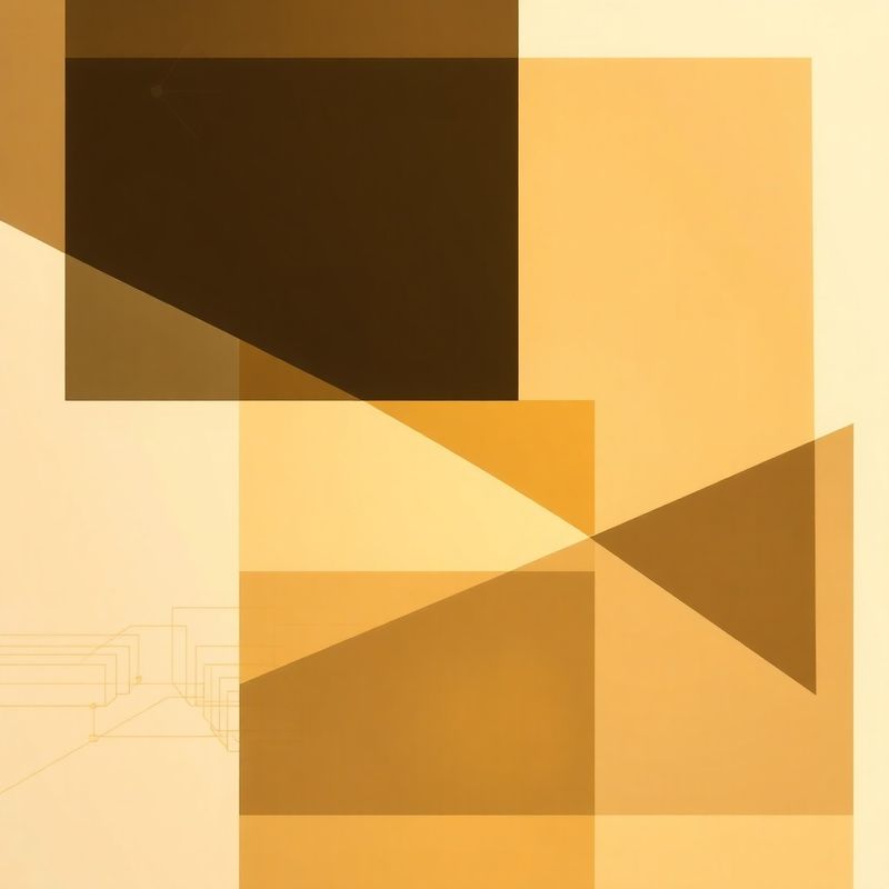 Abstract composition of overlapping translucent planes in charcoal and gold representing industrial and financial sectors