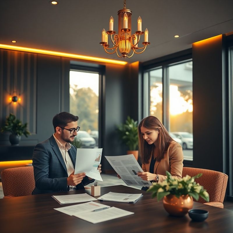 Two consultants reviewing printed strategy documents in a charcoal and gold consulting office